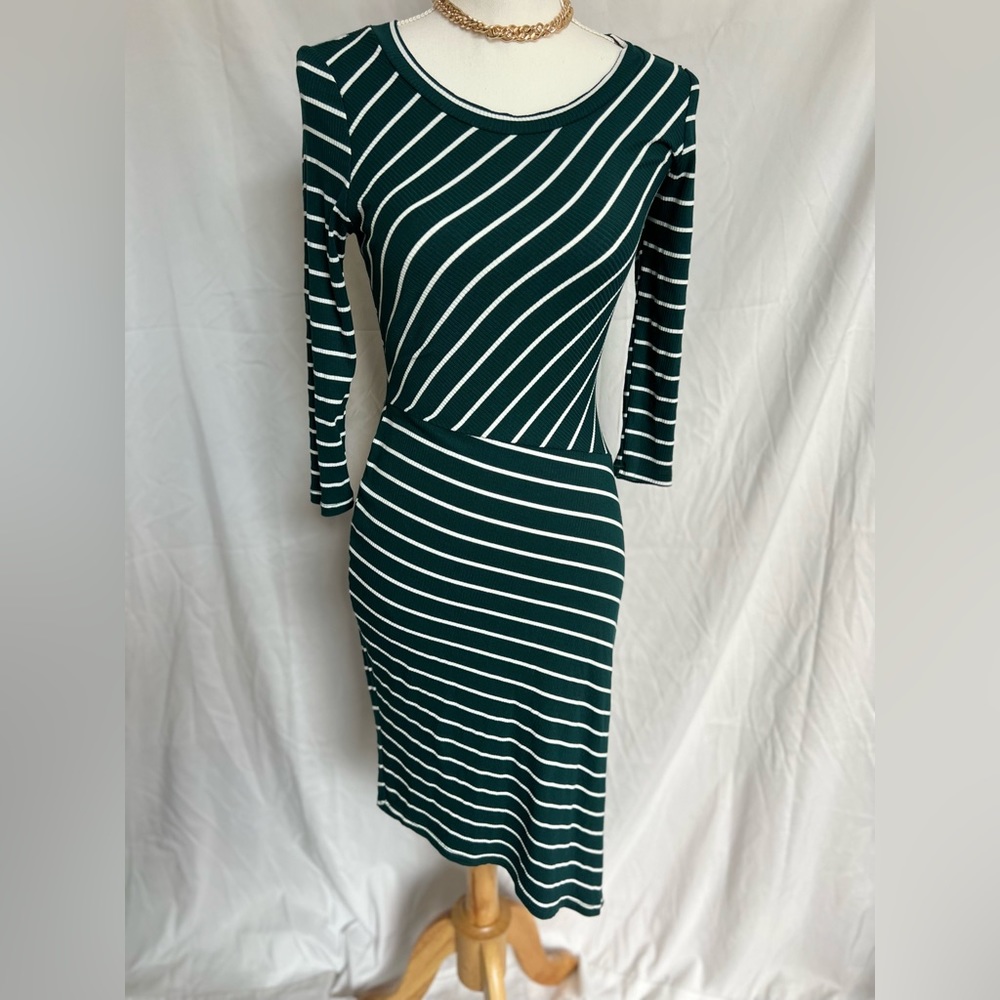 Lulu’s Stripe it Rich Bodycon Asymmetrical Long Sleeve Dress (S)